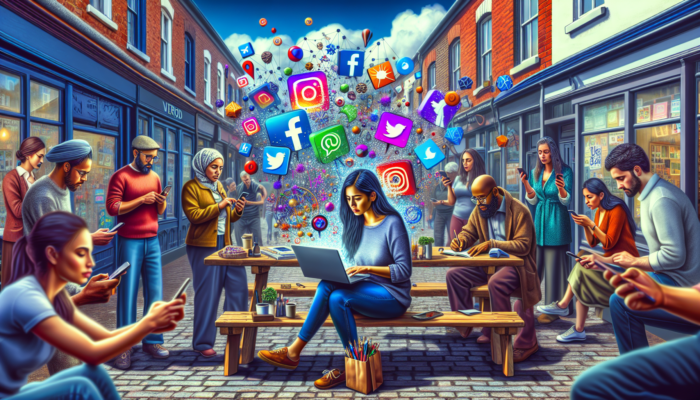 Engaging Social Media Management in Verwood: A vibrant street scene showcasing a small business owner on a laptop, with floating icons of Facebook, Instagram, and Twitter, while locals engage on their phones.