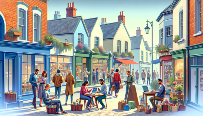 Small business owners in Verwood engaging with social media on devices outside charming shops, attracting diverse customers under a bright sky.