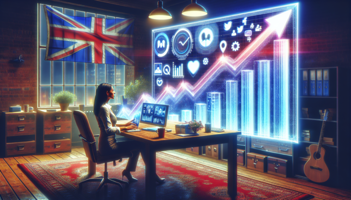 A small business owner in a bustling Verwood office analysing rising social media graphs, surrounded by UK flags and icons.