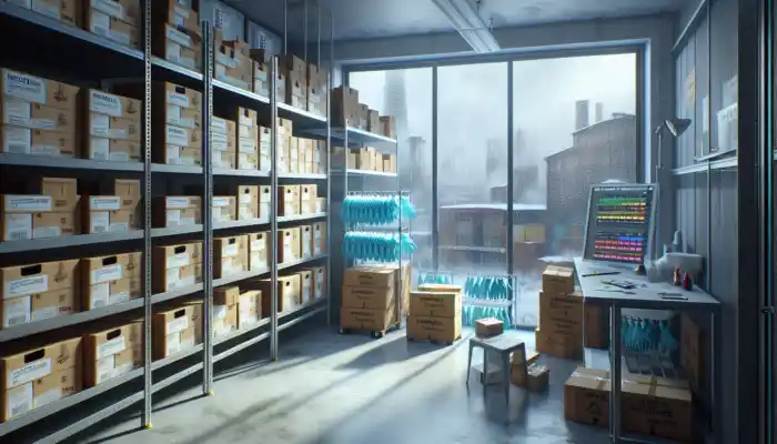 Nitrile gloves neatly packed in airtight boxes on a shaded shelf in a cool, dry Fareham storage room, protected from sunlight and moisture.