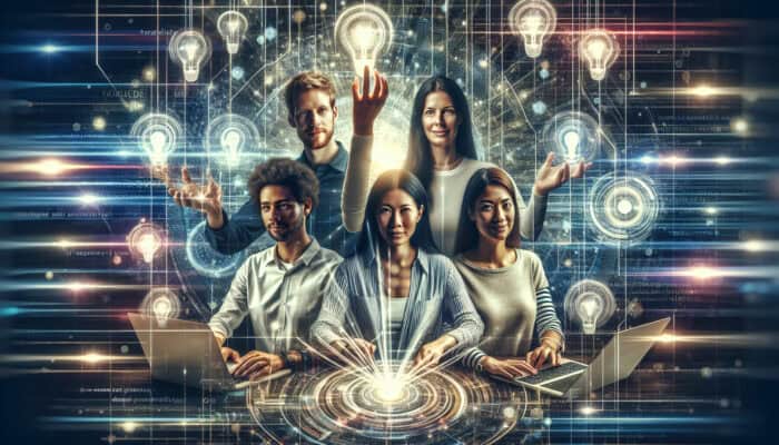 Diverse remote software developers collaborate on a video call, sharing ideas on a digital whiteboard with light bulbs and code screens.