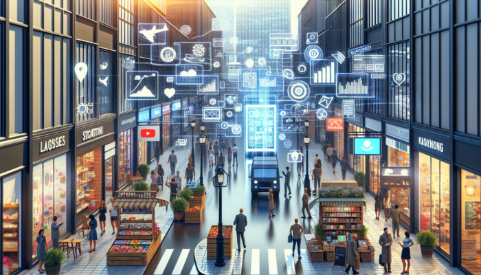 Vibrant Keynsham street scene showcasing small business owners utilizing mobile devices for responsive websites, bustling shops attracting customers under sunny skies.