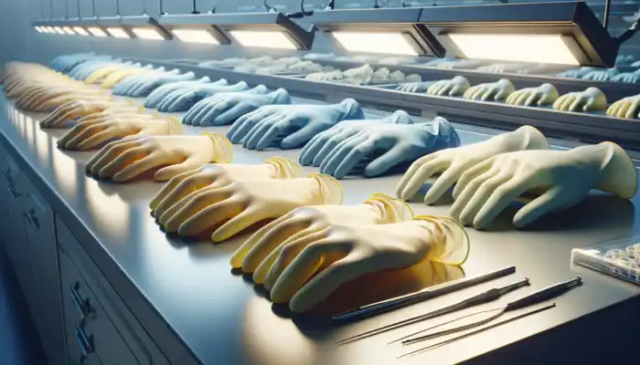 Close-up of disposable gloves on a sterile lab table: pale yellow latex, blue nitrile, clear vinyl, and polyethylene under bright lighting.