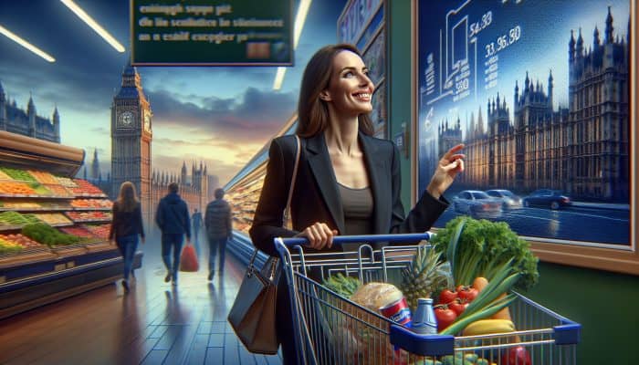 A woman in London supermarket at closing time, selecting discounted groceries, basket full of bargains.