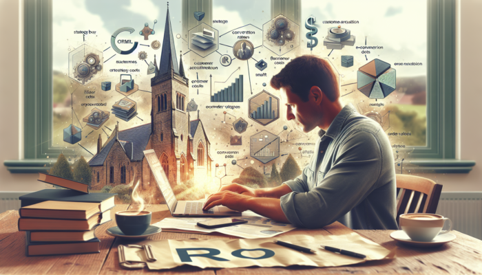 A focused business owner in a Bradford-on-Avon office reviews Google Analytics graphs of e-commerce metrics on a laptop, surrounded by notes and coffee.