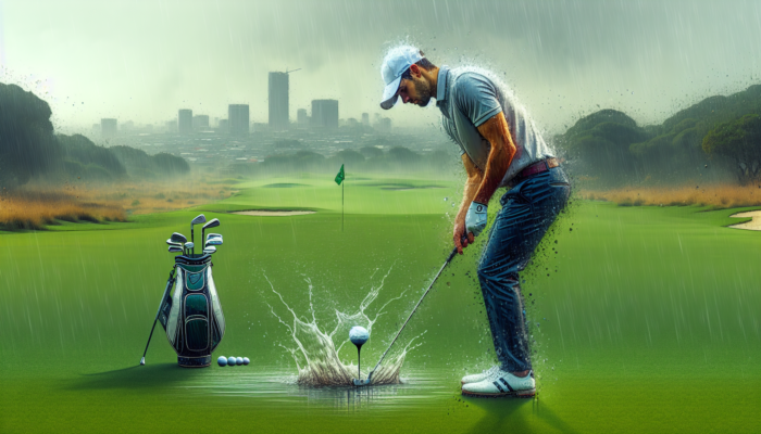 Golfer in South Africa practicing chipping and putting on wet, green course with various clubs.