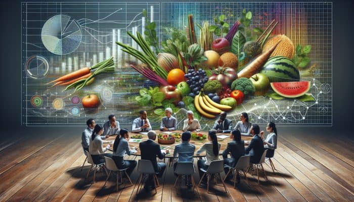 A diverse group of experts discussing at a round table with organic produce and pricing charts.