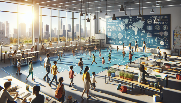 Diverse families in Mid-Level PE explore modern schools with high-tech classrooms, as children engage in sports and arts under sunny skies.