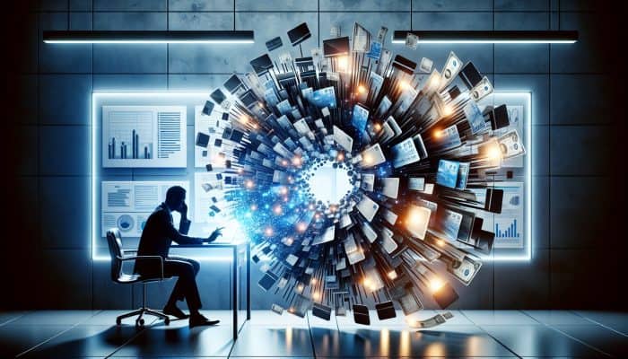 Debt Consolidation Lenders for Large Debts: Essential Guide | DCL Stressed person at a modern desk merges scattered bills and loans into one envelope, with glowing charts showing reduced debt and financial freedom.