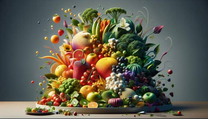 Artfully plated vibrant meal with colourful fruits, vegetables, height, layers, and garnishes on an elegant platter.