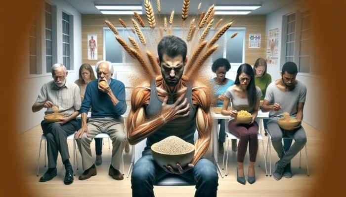Can You Have Gluten Sensitivity Without Coeliac?: Diverse group in a modern UK NHS clinic reacting to bread and pasta, with wheat grains morphing into discomfort icons for gluten sensitivity.