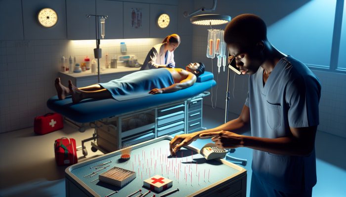Acupuncturist in a modern UK clinic urgently examines patient on table, with scattered needles, open first aid kit, and phone in hand under sterile lighting.