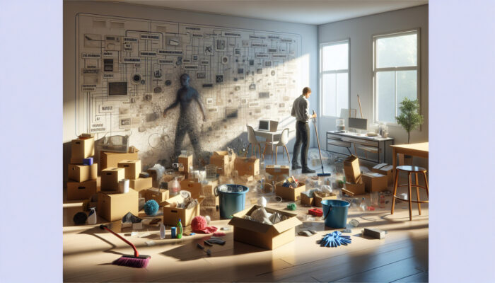 A determined homeowner sorts boxes and gathers cleaning supplies like gloves, mops, and buckets in a sunlit, cluttered living room after house clearance.
