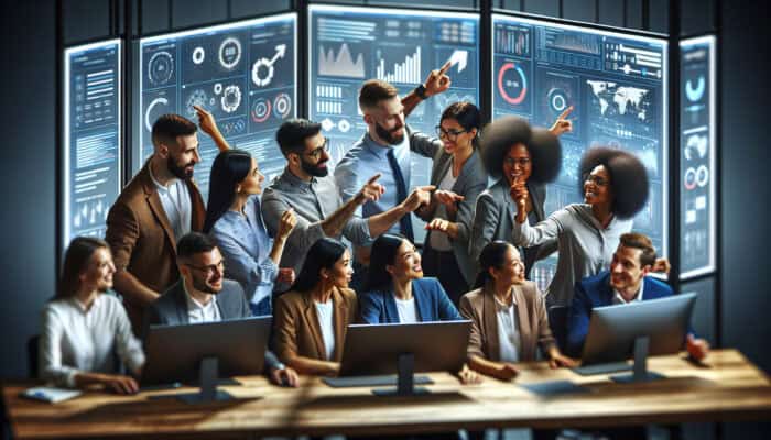 A diverse team of professionals collaborates dynamically in a modern tech office around digital screens, showing adaptability and mutual support with determined expressions.