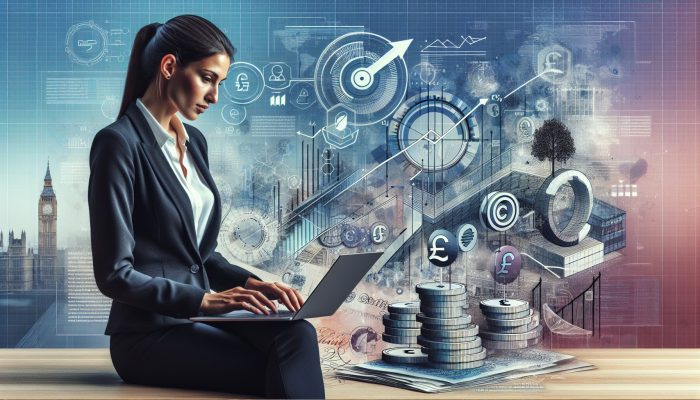 Tips for Maximizing Debt Consolidation Savings | DCL Professional in a modern London office comparing debt consolidation loans on a laptop, surrounded by interest rate graphs, pound notes, and financial growth symbols.