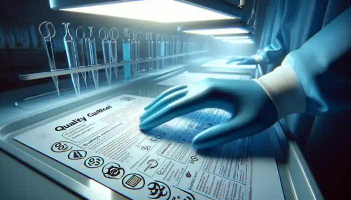 Blue nitrile gloves on a sterile lab bench with UK certification stamps, inspected by a gloved hand under bright lights.