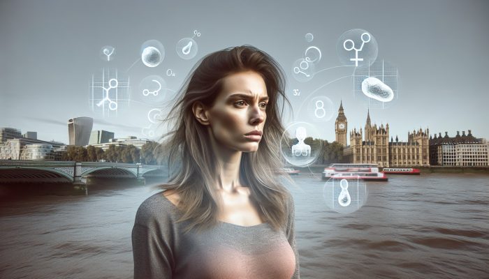 A concerned UK woman with thinning hair stands by the Thames in London, surrounded by floating hormone icons symbolizing low testosterone effects.