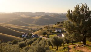 A picturesque landscape along Portugal’s Alentejo Olive Route: undulating green hills adorned with olive trees and white houses with red roofs beneath a radiant sunset sky. Soft sunlight casts elongated shadows, while distant hills fade into the horizon.