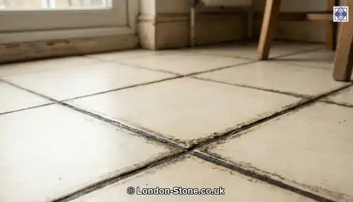 Ceramic floor tiles with darker, discoloured grout lines that make the overall floor appear dirty in a London home.