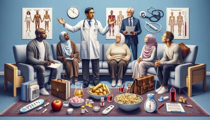 A doctor in a white coat explains blood test accuracy for diabetes to diverse patients in an NHS clinic, surrounded by high-carb meal, age charts, and lab equipment.