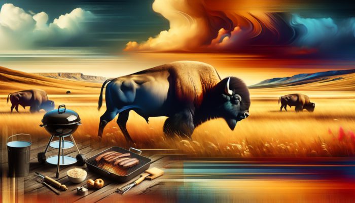 A majestic bison grazes in golden western pastures near a smoky BBQ grill under a dramatic sunset, evoking American cuisine's flavors.