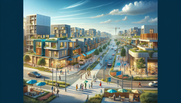 A vibrant Mthatha neighbourhood with modern homes, a new school, bustling shopping center, and ongoing projects, as buyers inspect properties under a clear sky.