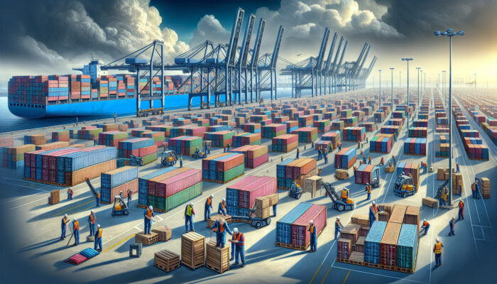 Workers at Port of Felixstowe expertly pack shipping containers with well-arranged goods, maximising space beneath towering cranes and a cloudy sky.