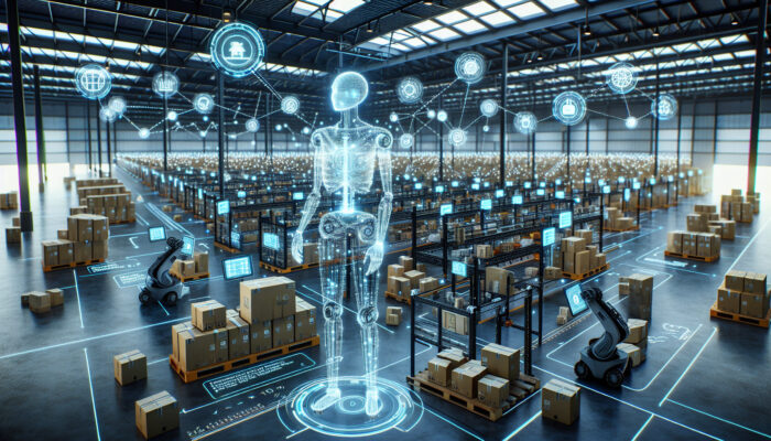 AI-powered robots in a Manchester warehouse efficiently pack a variety of products, analysing weight and fragility on screens for a 30% boost in logistics effectiveness.
