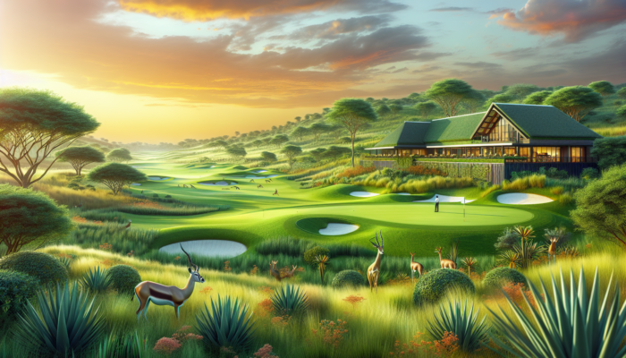 Malelane Golf Club: A vibrant golf course in South Africa's Lowveld with lush fairways, tropical vegetation, antelopes, and a modern clubhouse at sunset.