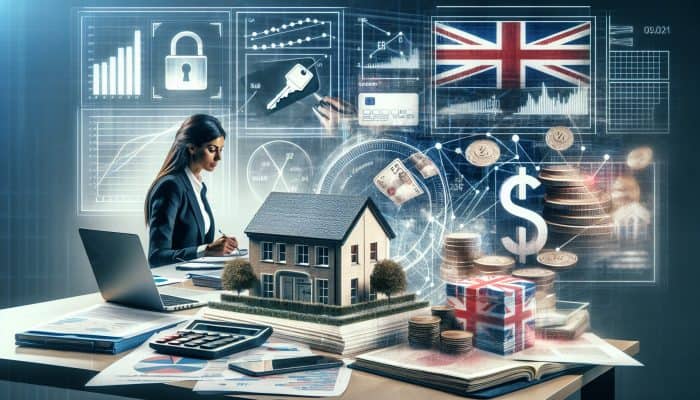 Debt Consolidation and Job Loss Risks: Essential Tips | DCL Debt Consolidation and Job Loss Risks: A diverse financial advisor in a modern London office reviews UK loans: secured with a miniature house and keys, unsecured with credit cards and cash, amid charts and a Union Jack flag.