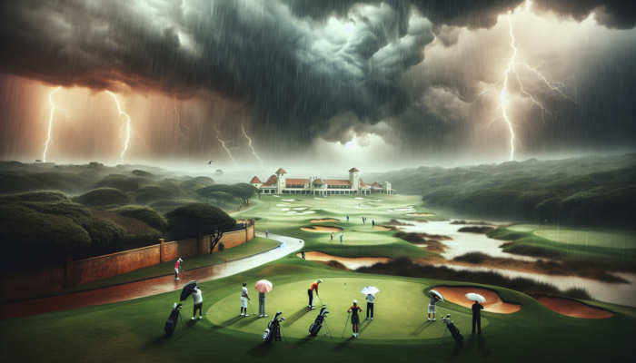 How to Play Golf in Rainy Conditions: Golfers shielding from torrential rain and lightning at Durban Country Club's saturated fairways under dark, stormy skies in KwaZulu-Natal.