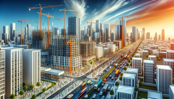 Aerial view of Welkom's mid-level property market: modern buildings under construction, cranes, bustling streets, busy offices, and a dynamic sky.