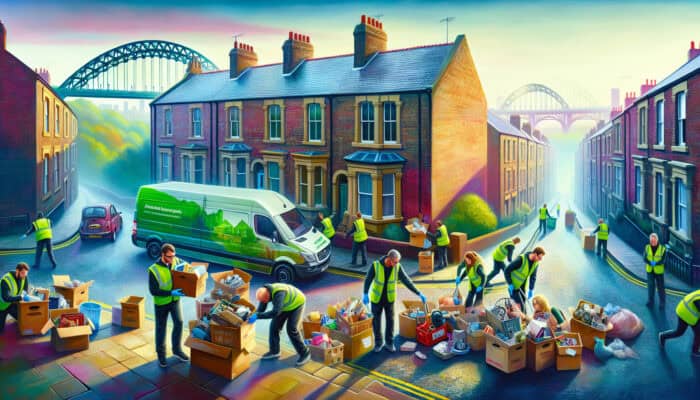 Newcastle House Clearance Fast Methods: Workers in high-visibility vests sort household items outside a Newcastle Victorian home, loading boxes into an eco-friendly van with misty Tyne Bridge in the background.