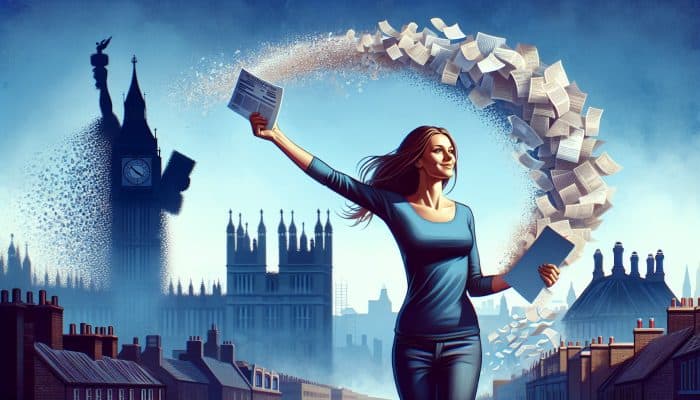 Debt Consolidation for a Better Work-Life Balance | DCL A triumphant UK resident stands before Big Ben, holding a consolidated loan document as bills and debt chains dissolve.