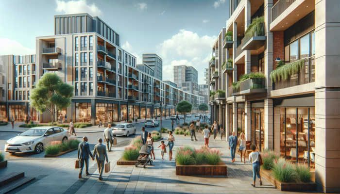 Modern apartments in Paarl, South Africa, near a mall, with families and professionals strolling among shops and green spaces under a sunny sky.