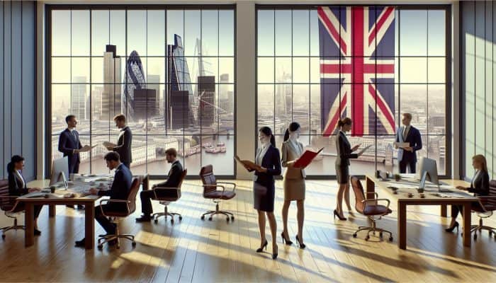 Financial experts in suits analyze loan charts and rising UK interest rates in a modern London office, as a couple reviews a budget plan with Union Jack flags.