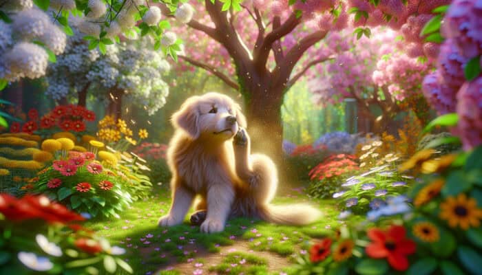 Pollen Exposure Reduction for Pets: A fluffy golden retriever scratches its ear and sneezes in a vibrant spring garden amid floating pollen from blooming flowers and trees.
