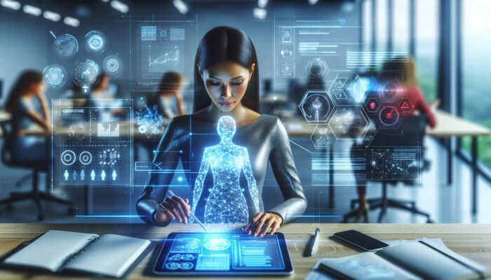 A focused virtual assistant uses a productivity app on a glowing tablet, surrounded by holographic calendars and task lists in a modern digital workspace.