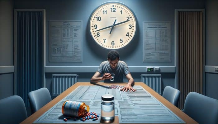 An anxious patient in a modern UK clinic glances at a clock showing 10 hours, holding water and setting aside multivitamins on a cluttered table under fluorescent lights.