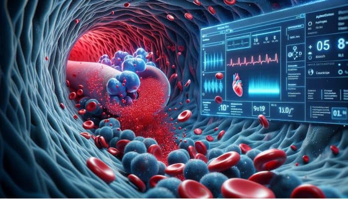 Cholesterol Blood Test in Bromsgrove: Microscopic blood vessel with red LDL particles clumping and blocking arteries, while blue HDL particles clear plaque, illustrating heart health risks.