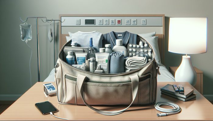 A neatly packed hospital bag on a bedside table includes loose pajamas, toiletries, medications, a phone charger, and books for recovery.