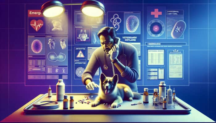Concerned pet owner cradles distressed dog on vet table, urgently calling Poison Control Hotline with antidote bottles nearby.