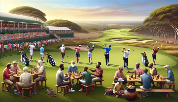 Vibrant South African golf course at Joburg Open: diverse golfers teeing off under sunny skies, nearby braai gathering, and friends sharing stories.