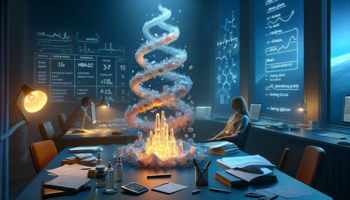 Stable HbA1c depicted as a glowing crystal tower, contrasted with chaotic fasting glucose levels influenced by meals and stress.