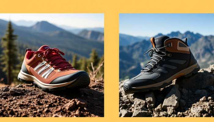 Two pairs of Xero Shoes on contrasting terrains: the lightweight Daylite Hiker on a sunlit forest trail and the sturdy Scrambler Mid on rocky ground against a mountain backdrop.