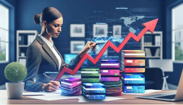 How Debt Consolidation Stacks Up to Refinancing | DCL A focused person in a modern London office merges credit cards and loans into one agreement, with decreasing interest graphs and a Union Jack flag.