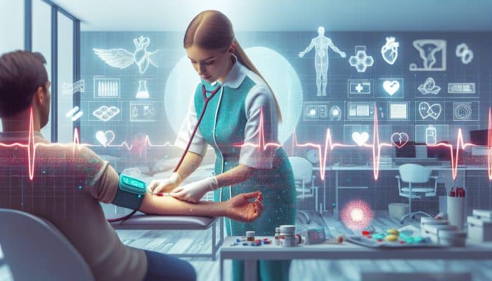 Cholesterol Blood Test in Hitchin: In a modern Hitchin clinic, a nurse draws blood from a patient's arm for a cholesterol test, surrounded by heart health posters and equipment.