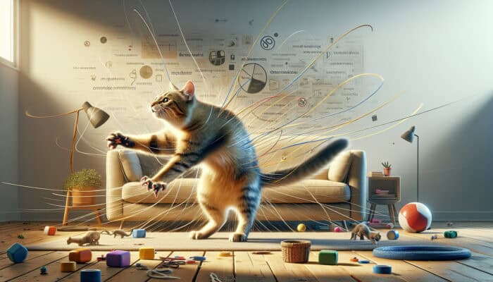 Reducing Cat Scratching On Furniture: A curious tabby cat with sharp claws scratches a plush sofa in a sunlit living room, amid toys and family activity.