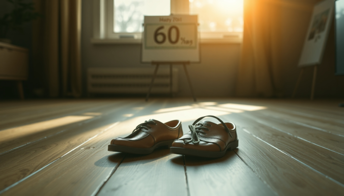 Stylish barefoot shoes on a wooden floor in a cosy indoor setting, with natural light and a calendar indicating a 60-day return period.