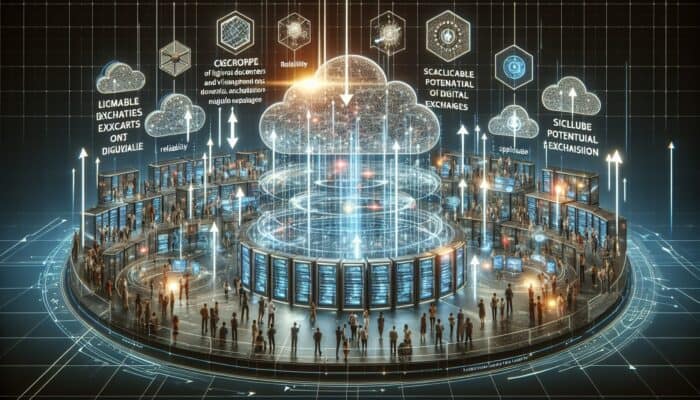 Selecting Hosting for Forums: A vibrant digital forum with users sharing text, images, and videos, surrounded by security shields, scalable servers, and growth indicators.